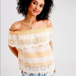 Nwt American Eagle Off the Shoulder Gold and White Wide Striped Cotton Top Small